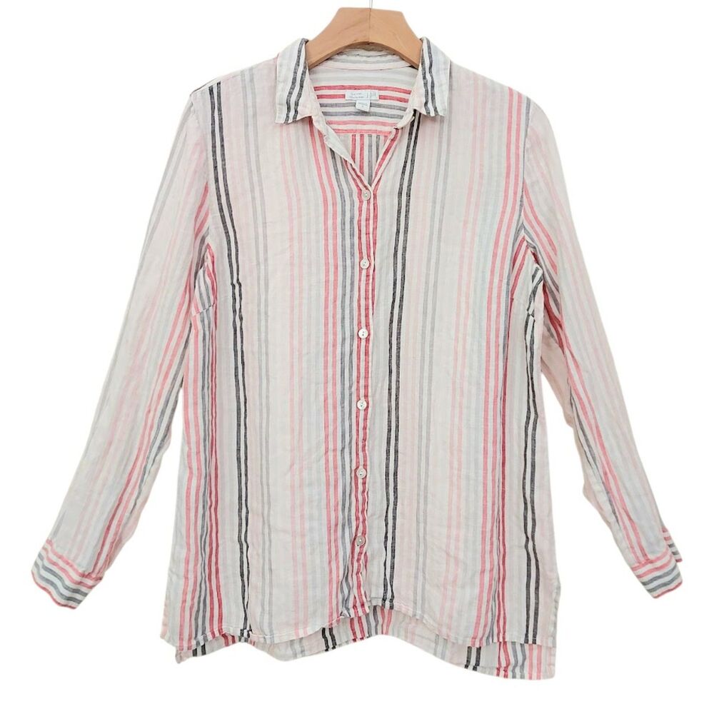 J. Jill Love Linen Essential Shirt Womens Small Striped Button Front Coastal